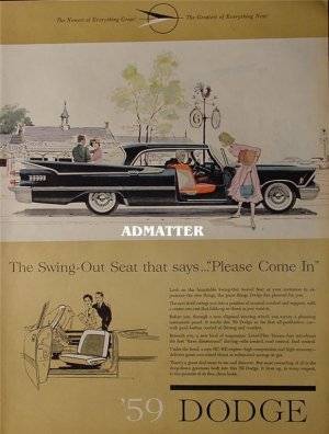 1958 Dodge Ad featuring 1959 cars with swing out seats!