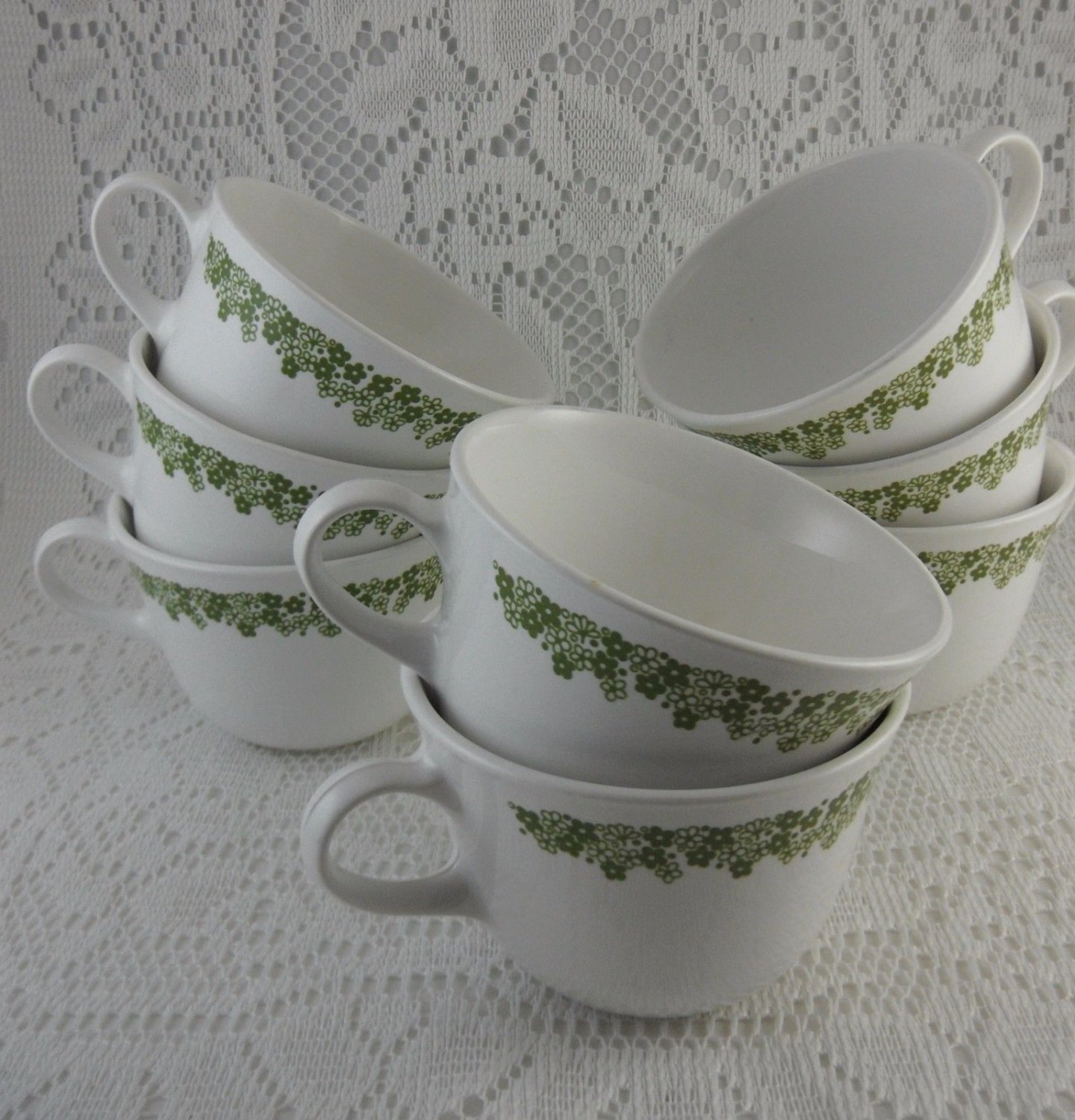 Corelle Livingware Corning Tea Cups Set of 8 Green and White Flower