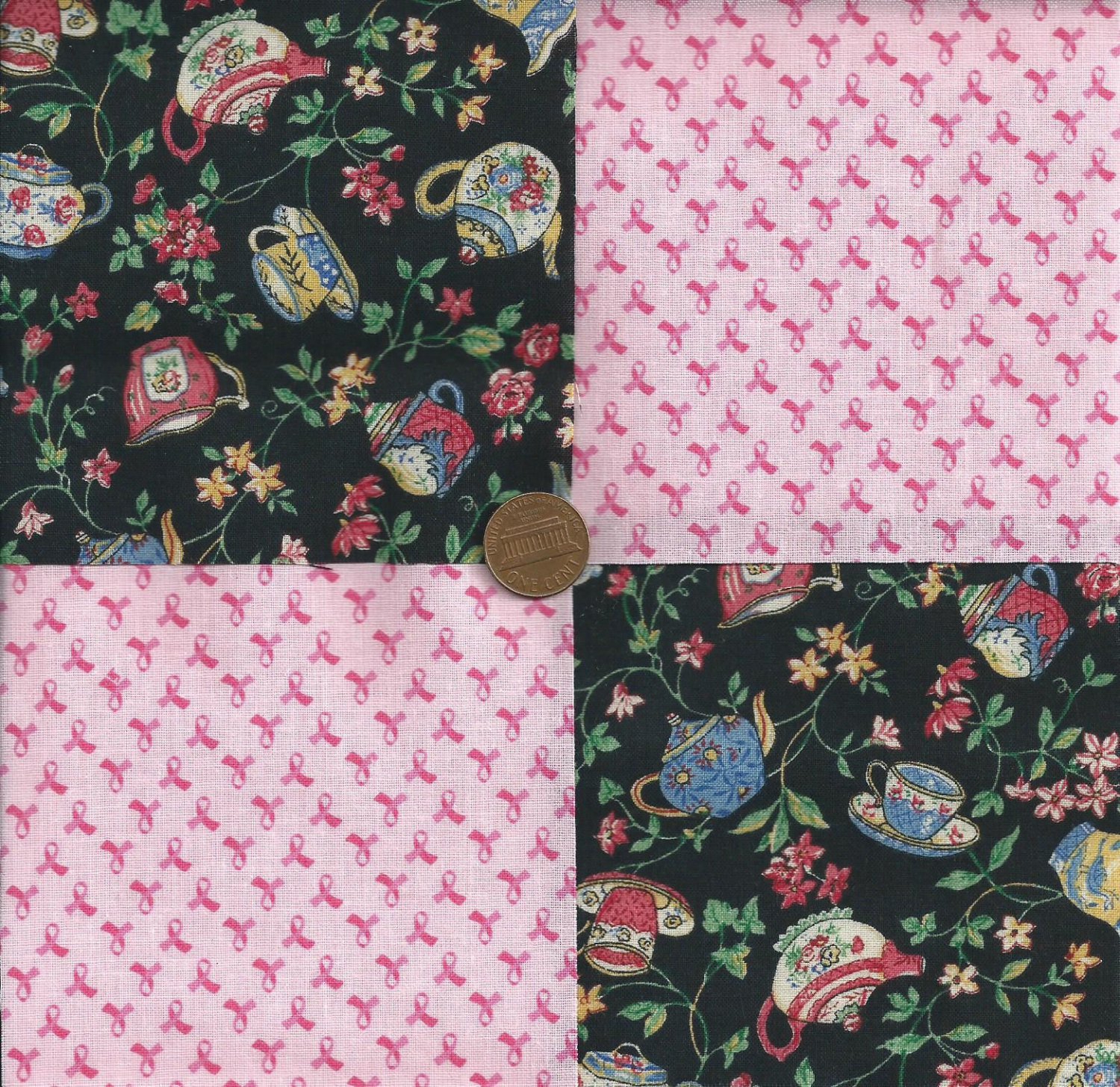 Breast Cancer Teacups Ribbons Cotton Fabric Craft Squares zk1