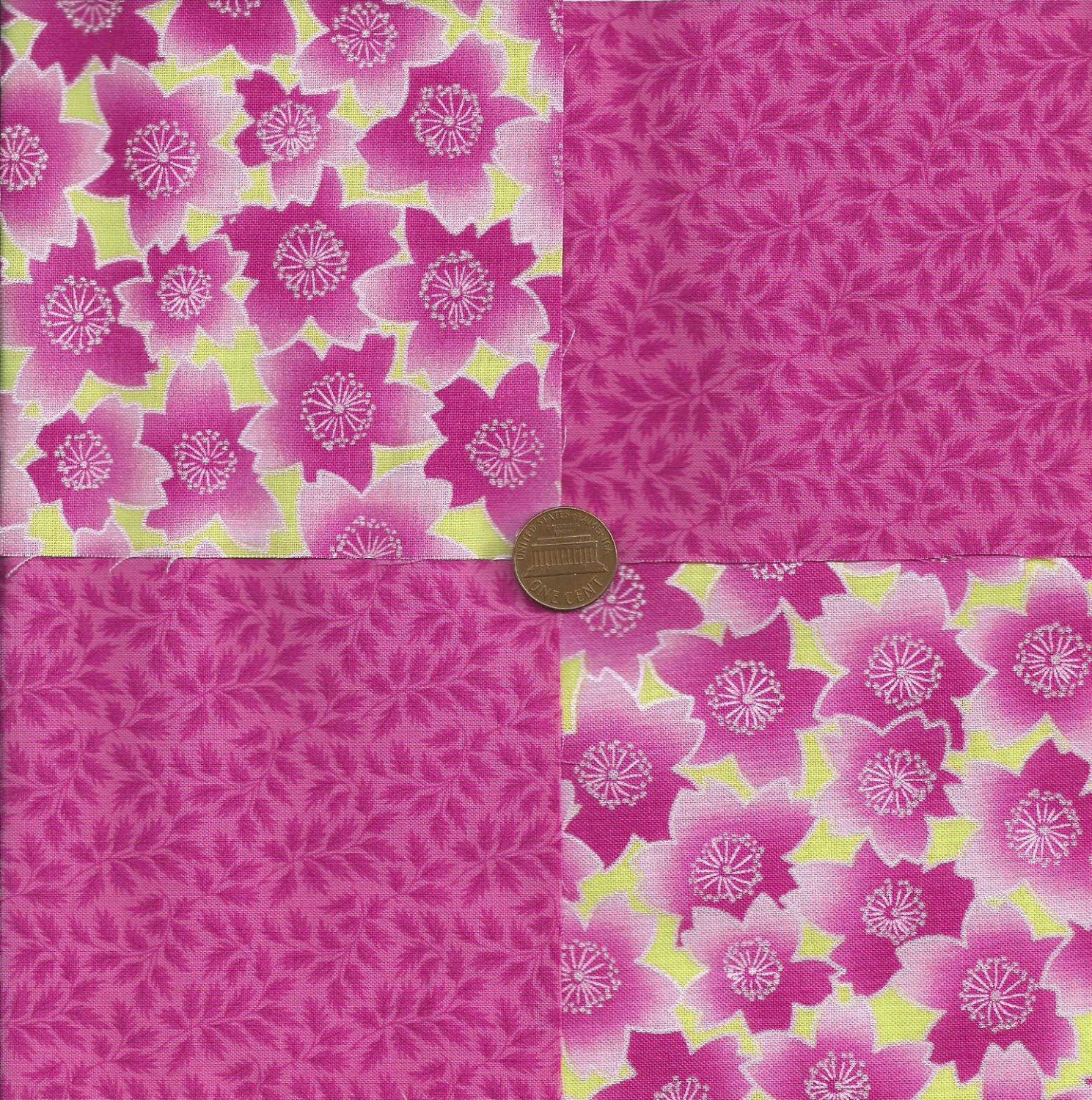 Hot Pink Floral Leaves 4 inch Fabric Quilt Squares Block ms1