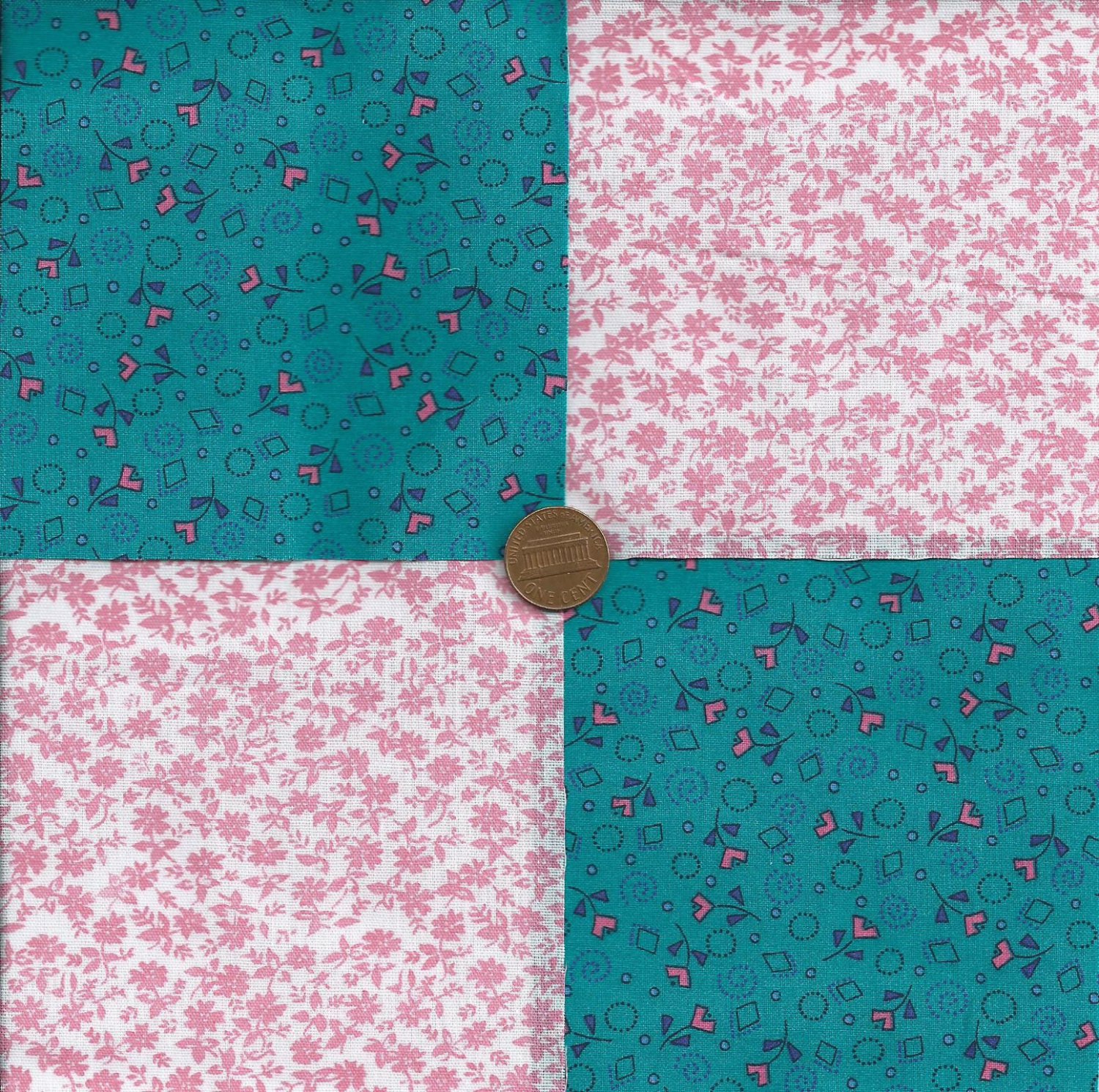 TEAL and PINK FLOWERS FABRIC QUILT Craft SQUARES KIT zc1