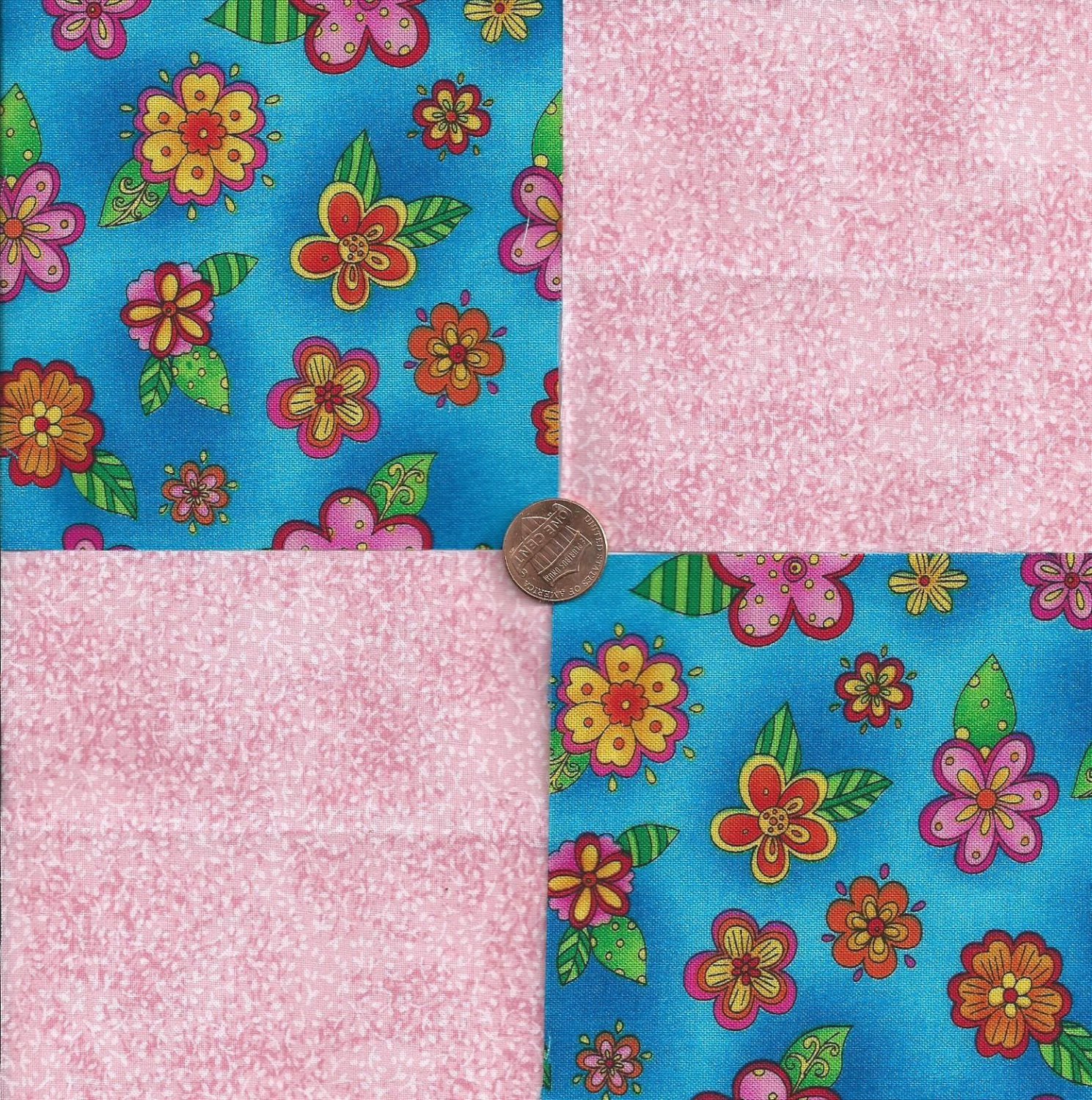 Colorful Flowers Pink Speckles 100% Cotton Fabric Quilt Square Blocks FT