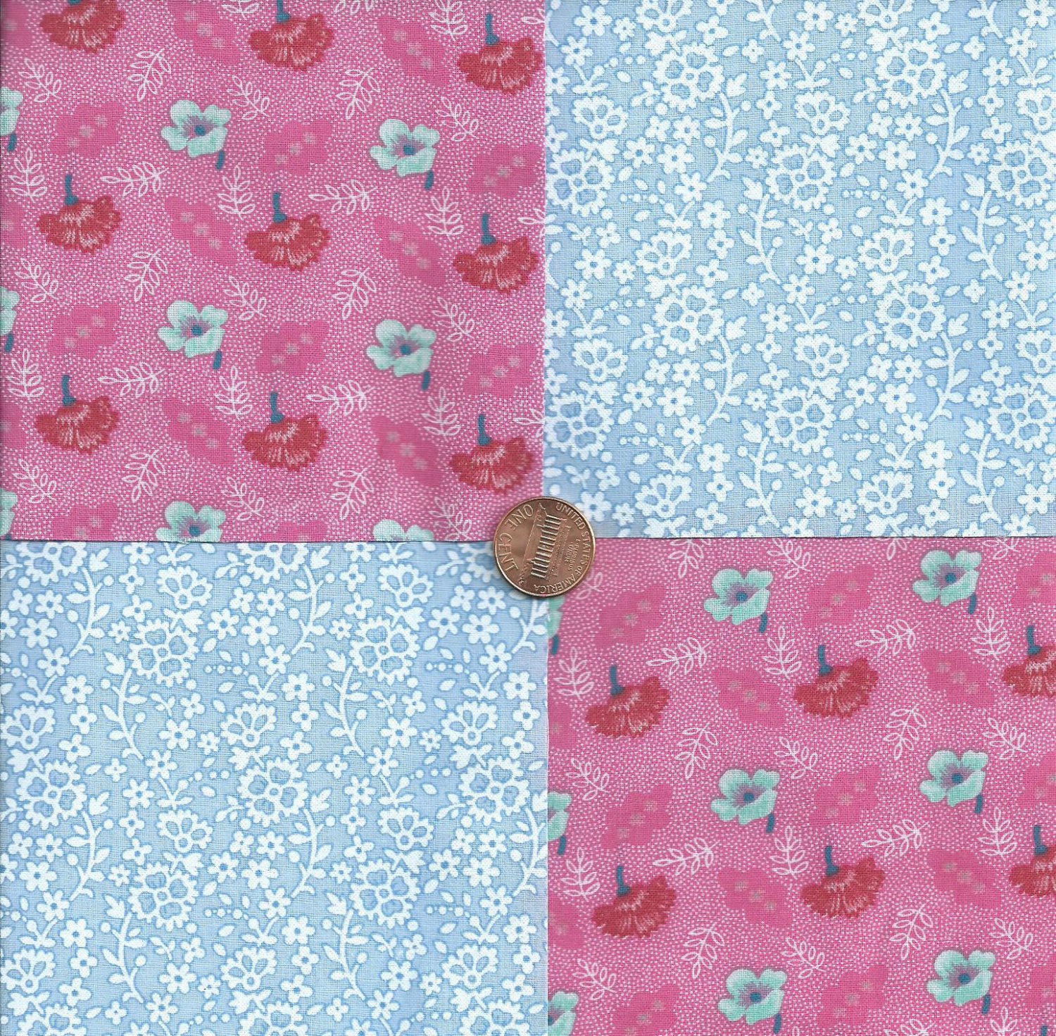 Blue and Pink Flowers 4 inch Cotton Fabric Craft Quilt Squares  Blocks wz1