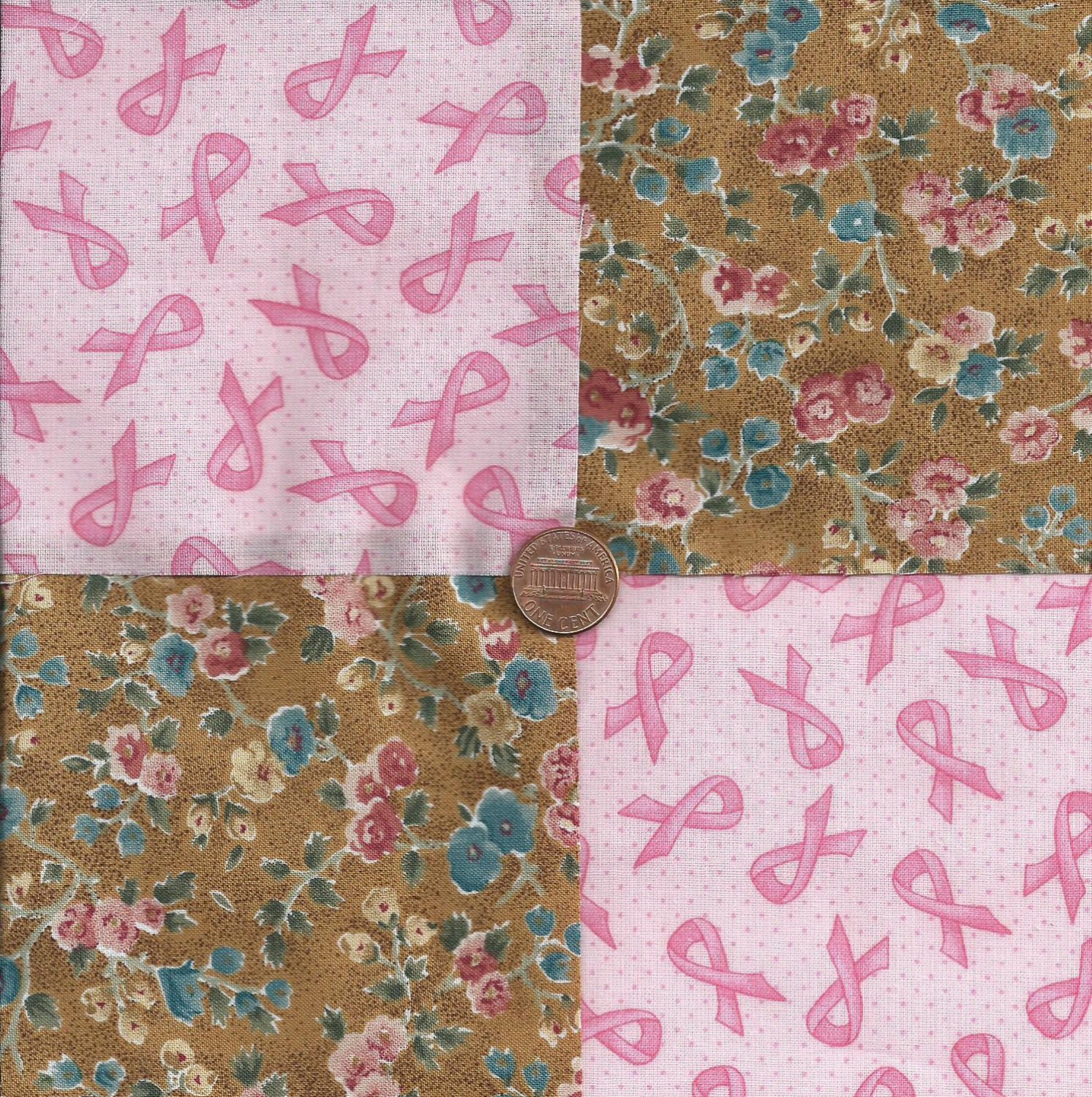 Breast Cancer Ribbons Roses   4 inch Fabric Quilt Squares ZE1