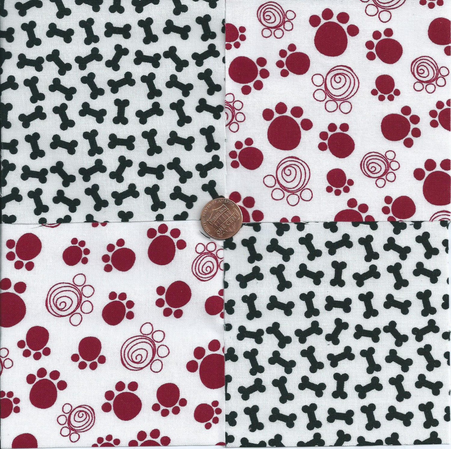Black Bones Cranberry Paws 4 inch 100% Cotton Novelty Fabric Quilt Squares TB1