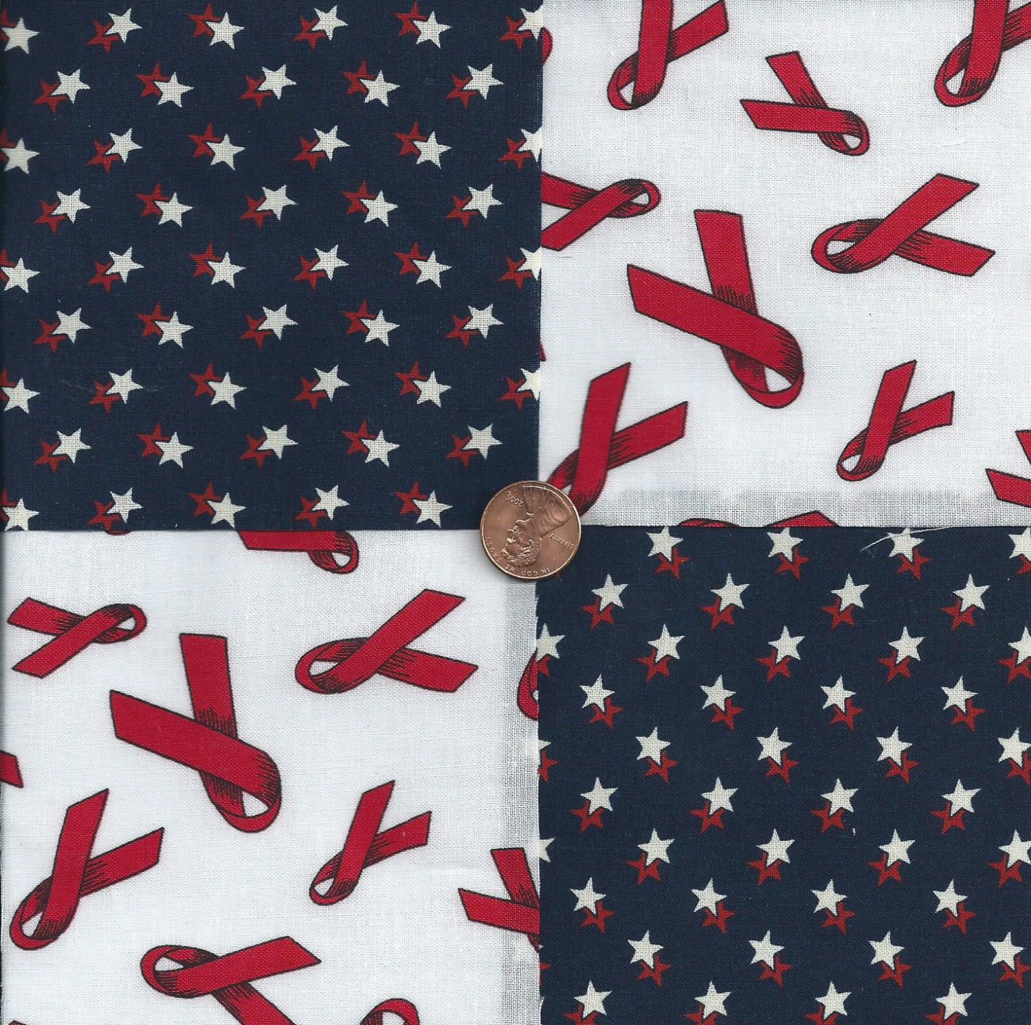 All American Red Ribbons 4 inch Cotton Fabric Squares Block AW1