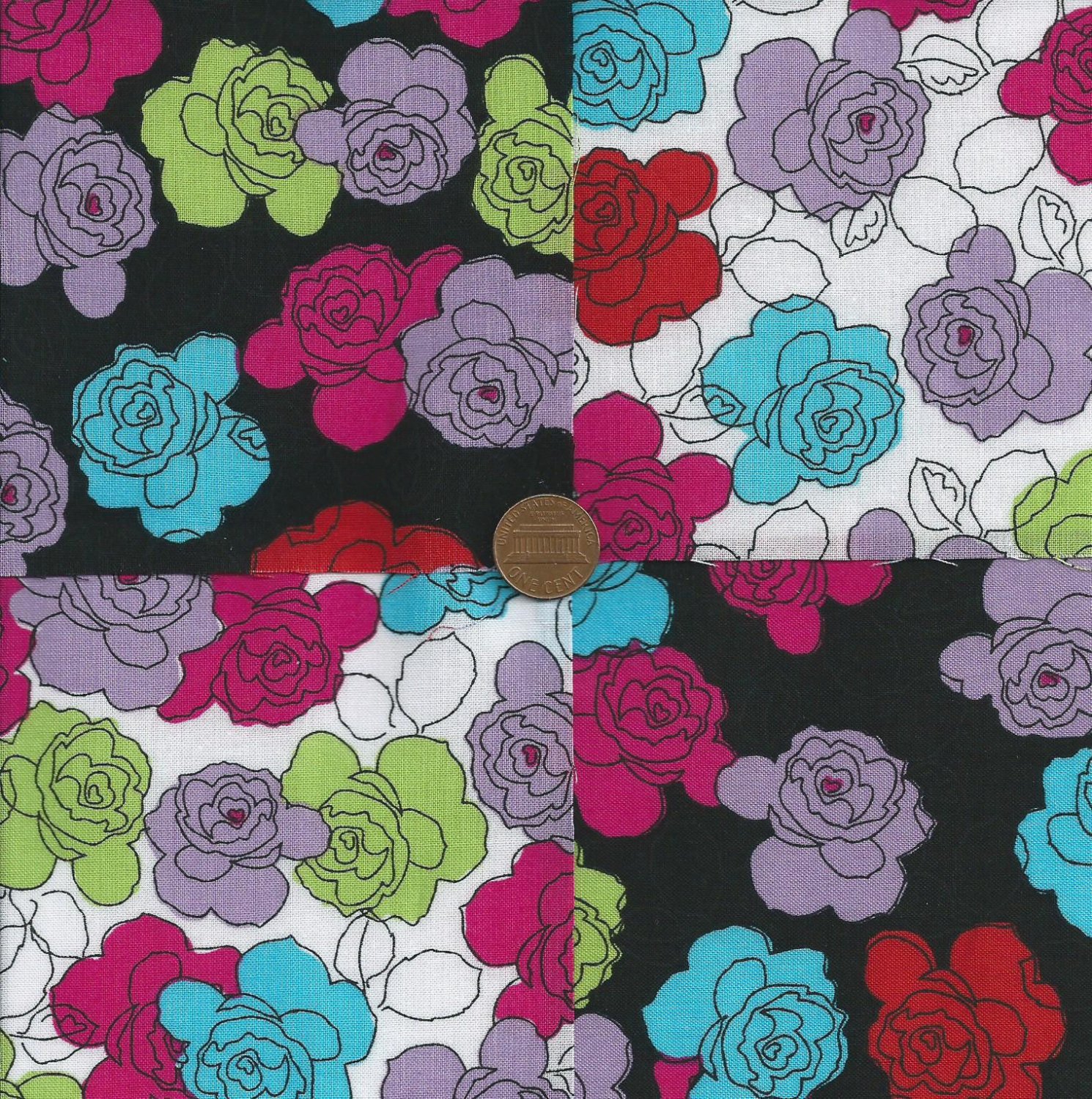 Black and White Flowers Fabric Cotton Fabric Quilt Squares zP1