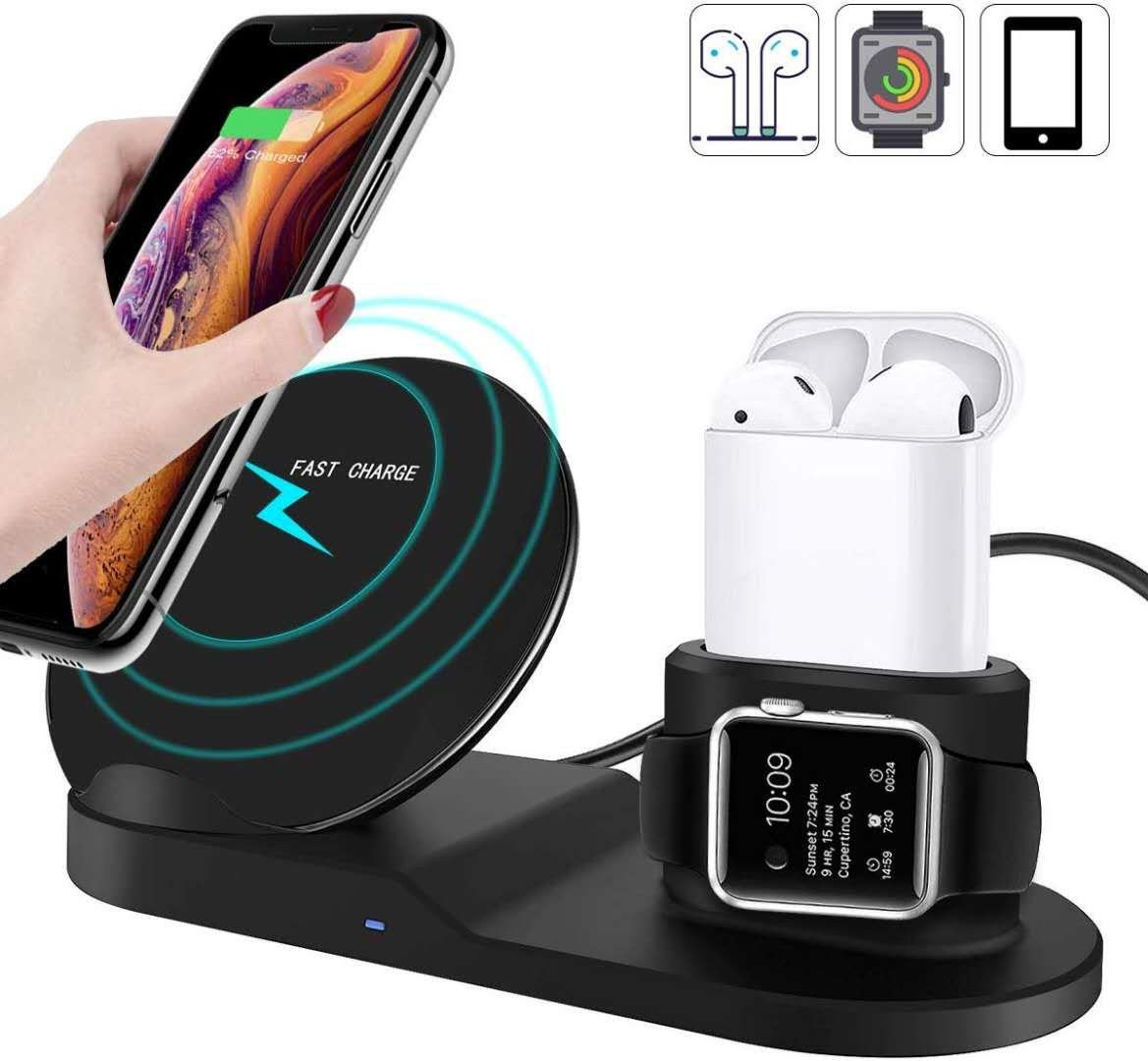 Black Wireless Charging Dock for Apple Watch, AirPods, iPhone XS Max, XR, X, 8/8 Plus