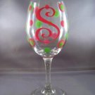 Hot Pink and Green Polka Dot Single Initial Wine Glass