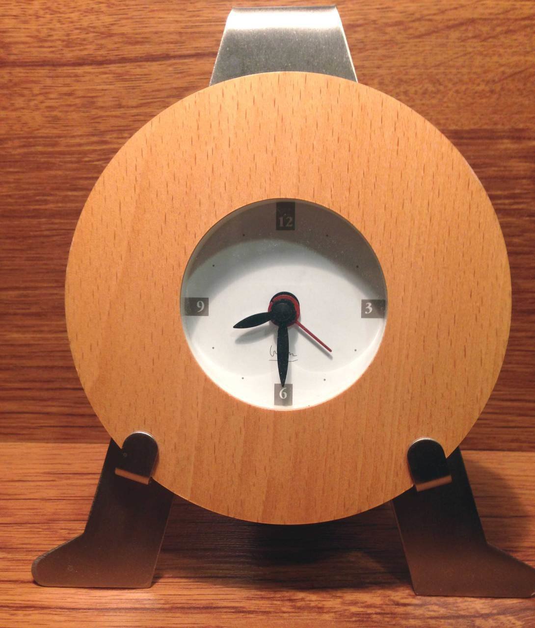 Modern Round Wood Alarm Clock on Stainless Steel Easel