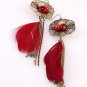 Antique Gold Tone Metal Hook Crystal Beads With Plume Dangle Earrings Red