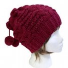 Acrylic Knit Pompom with tie string Beanie Beret Hat Burgundy
