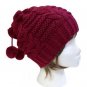 Acrylic Knit Pompom with tie string Beanie Beret Hat Burgundy