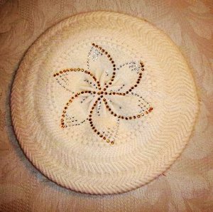 Rabbit Fur Blends Knit With Crystal Flower Looking Winter Hat Cap Cabbie Beanie Beret Beige