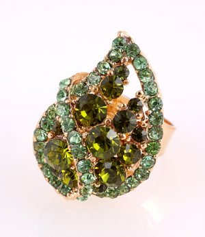 Gold Tone Adjustable Ring with Genuine Austrian Rhinestone Green