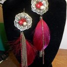 Antique Gold Tone Metal Hook Crystal Beads With Plume Dangle Earrings Red