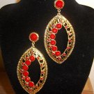 Crystal paved Large Design Antique Gold Tone Post  Earrings Red
