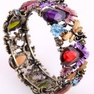 Antique Gold Tone Metal Genuine Austrian Rhinestone & Stone Stretch Cuff Bracelet