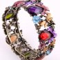 Antique Gold Tone Metal Genuine Austrian Rhinestone & Stone Stretch Cuff Bracelet