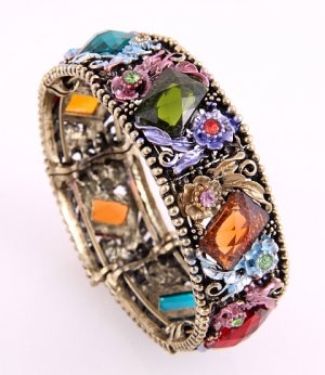 Antique Metal Looking  Stretch Cuff Bracelet With Genuine Austrian Rhinestone & Stone