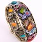 Antique Metal Looking  Stretch Cuff Bracelet With Genuine Austrian Rhinestone & Stone