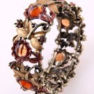Sunflower Motif Crystal Antique Gold Tone Metal Stretch Cuff Bracelet Brown
