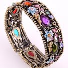 Antique Metal Looking Stretch Cuff Bracelet With Genuine Austrian Rhinestone &  Stone