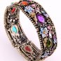Antique Metal Looking Stretch Cuff Bracelet With Genuine Austrian Rhinestone &  Stone