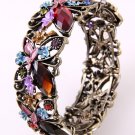 Antique Metal Looking Stretch Cuff Bracelet With Genuine Austrian Rhinestone &Stone