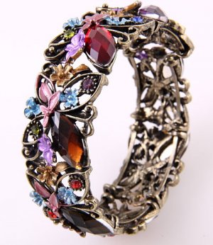 Antique Metal Looking Stretch Cuff Bracelet With Genuine Austrian Rhinestone &Stone