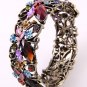 Antique Metal Looking Stretch Cuff Bracelet With Genuine Austrian Rhinestone &Stone