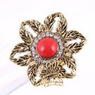 Flower with Butterfly Rhinestone Antique Gold tone Metal Elastic Stretch Ring Red