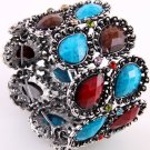 Antique Gold Tone Metal Stretch Cuff  Bracelet With Red Stone & Rhinestone Bracelet Cuff