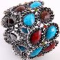 Antique Gold Tone Metal Stretch Cuff  Bracelet With Red Stone & Rhinestone Bracelet Cuff