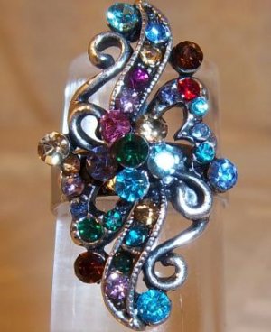 Silver With Multi Rhinestone Adjustable Ring Blue