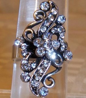 Silver With Clear Rhinestone Adjustable Ring
