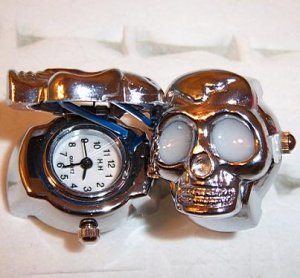 Silver Plated Skull Design Stretch Adjustable Ring Watch White Eyes