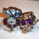 Silver Plated Skull Design Stretch Adjustable Ring Watch Purple Eyes
