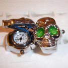 Silver Plated Skull Design Stretch Adjustable Ring Watch Green Eyes