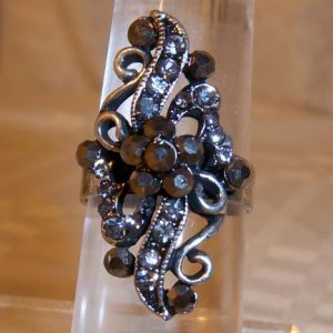 Antique Silver Plated Floral looking Black Crystal Adjustable Ring