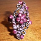 Antique Silver Plated Floral looking Pink Crystal Adjustable Ring