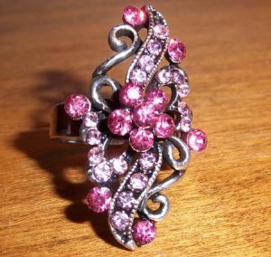 Antique Silver Plated Floral looking Pink Crystal Adjustable Ring