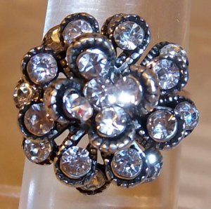 Silver Plated With Clear Rhinestone Flower Looking Adjustable Ring