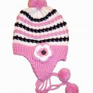 Flower Corsage Crochet Beanie With PomPom Acrylic Ski Hat Pink & Purple
