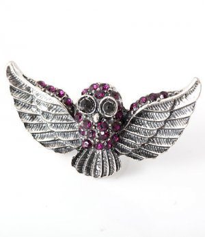 Antique Silver Tone Open wing Owl with Purple Crystal Adjustable Metal Ring