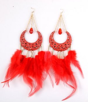 Red New Moon Looking with Feather / Plume Metal Hook Crystal Dangle Earrings Red