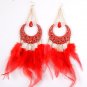Red New Moon Looking with Feather / Plume Metal Hook Crystal Dangle Earrings Red