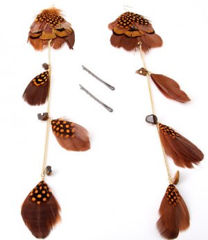 Feather Long Earrings can be separated into two pairs of earrings and Charm Hair Pins Borwn