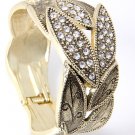 Leaves Looking Crystal Paved Antique Gold Tone Metal Fold Over Bracelet Cuff