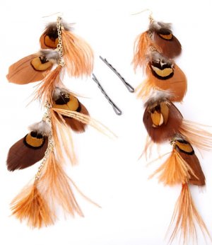 Feather / Plume Metal Hook Earrings Charms or Hair Pins Brown